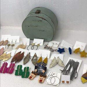 Assorted Dangling Earrings Set And Wooden Treasure Box